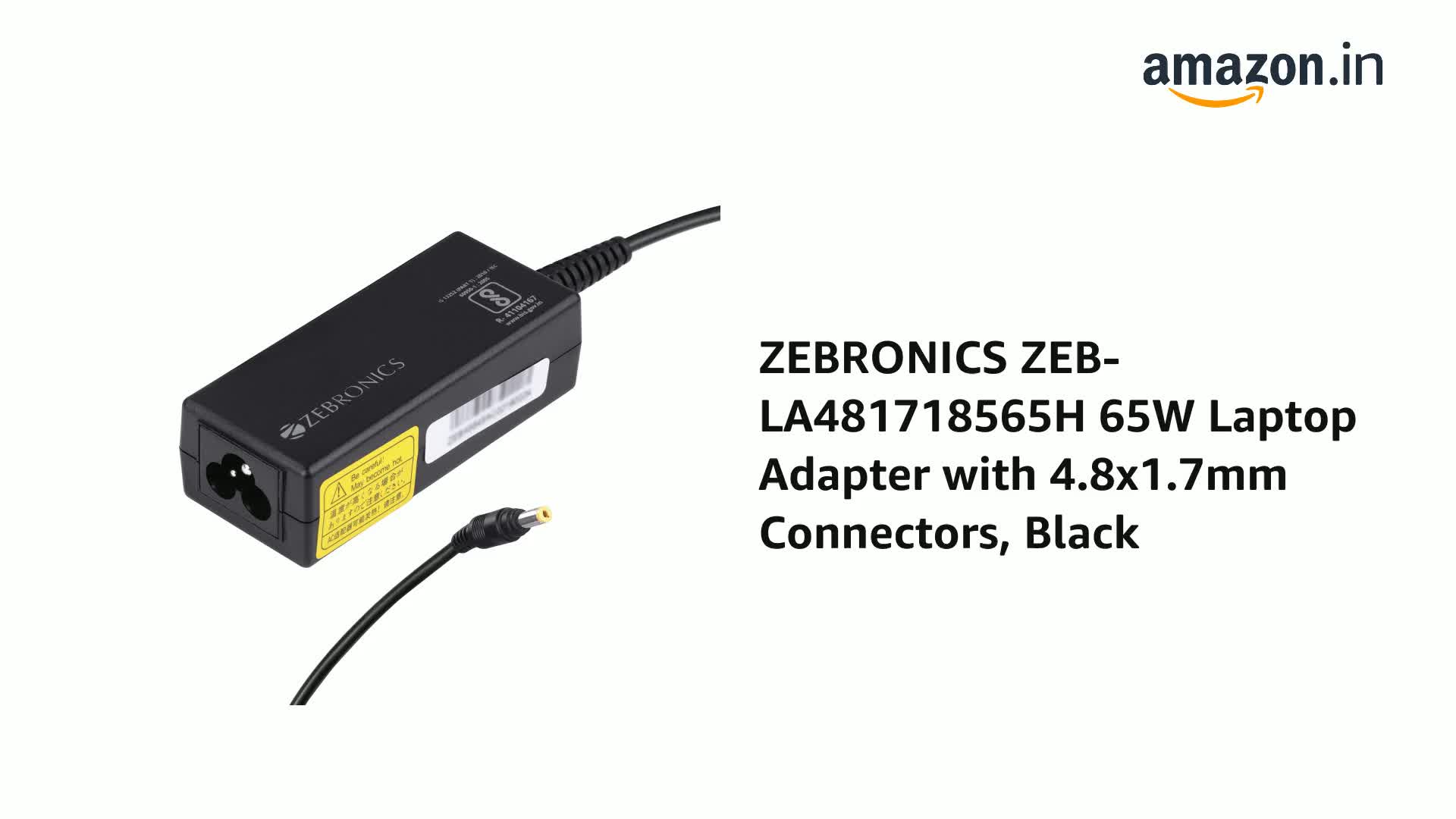 ZEBRONICS ZEB-LA481718565H 65W Laptop Adapter with 4.8x1.7mm